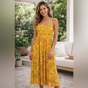 Band of the Free Yellow Floral Tiered Midi Dress Smocked Back Medium NWT